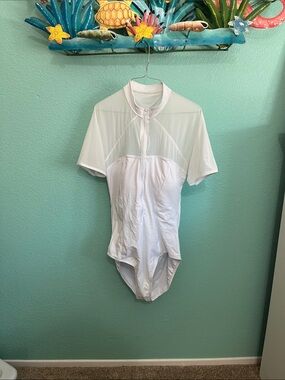 White Short-Sleeve Zip-Front One-Piece Swimsuit